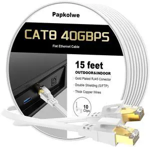 Papkolwe Cat 8 Ethernet Cable 15 ft, Shielded RJ45 Flat Network LAN Cable Papkolwe Cat 8 Ethernet Cable 15 ft, Shielded RJ45 Flat Network LAN Cable