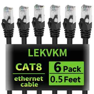 LEKVKM Cat8 Ethernet Cable 0.5 ft, 6-Pack S/FTP Shielded LAN Network Cord, 40Gbps 2000MHz Heavy Duty High Speed, Ideal for Server Rooms, Routers, Switches Black LEKVKM Cat8 Ethernet Cable 0.5 ft, 6-Pack S/FTP Shielded LAN Network Cord, 40Gbps 2000MHz Heavy Duty High Speed, Ideal for Server Rooms, Routers, Switches Black