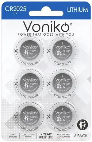 Voniko CR2025 3V Lithium Batteries 6 Pack for Child Safety, Compatible with Remotes, Key Fobs, Watches, Calculators - 7 Years Shelf Life Voniko CR2025 3V Lithium Batteries 6 Pack for Child Safety, Compatible with Remotes, Key Fobs, Watches, Calculators - 7 Years Shelf Life