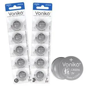 Voniko CR2016 3V Lithium Batteries 10 Pack for Child Safety, Compatible with Remotes, Key Fobs, Glucose Monitors - 7 Years Shelf Life Voniko CR2016 3V Lithium Batteries 10 Pack for Child Safety, Compatible with Remotes, Key Fobs, Glucose Monitors - 7 Years Shelf Life