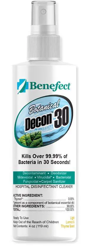 Benefect Botanical Decon 30 Disinfectant Cleaner, 4 oz. Spray Bottle, Light Lemon & Thyme Scent, Hospital Grade Disinfectant, Kills Over 99.99% of Germs, Safe for Food-Contact Surfaces Benefect Botanical Decon 30 Disinfectant Cleaner, 4 oz. Spray Bottle, Light Lemon & Thyme Scent, Hospital Grade Disinfectant, Kills Over 99.99% of Germs, Safe for Food-Contact Surfaces
