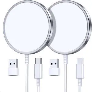 Magnetic Charger 2 Pack, 15W Fast Wireless Charging Pad for Phone 17/16/15/14/13/12 and AirPods Pro, Magnetic Charger with 2 Cables and 2 Type-C Adapters, Silver Magnetic Charger 2 Pack, 15W Fast Wireless Charging Pad for Phone 17/16/15/14/13/12 and AirPods Pro, Magnetic Charger with 2 Cables and 2 Type-C Adapters, Silver