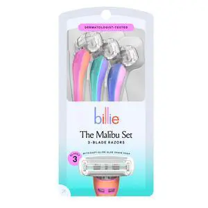 Billie 3 Blade Disposable Razors for Women, The Malibu Set, 3 ct | 3 blade womens disposable razor for sensitive skin, Surrounded by aloe shave soap, Flexible ergonomic handle, No-slip grip Billie 3 Blade Disposable Razors for Women, The Malibu Set, 3 ct | 3 blade womens disposable razor for sensitive skin, Surrounded by aloe shave soap, Flexible ergonomic handle, No-slip grip