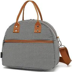 FlowFly Insulated Lunch Bag With Shoulder Strap for Women, Men, and Kids, Large and Reusable, Handle, Freezable Work and School Travel Tote and Meal Prep Organizer,White and Black Stripes FlowFly Insulated Lunch Bag With Shoulder Strap for Women, Men, and Kids, Large and Reusable, Handle, Freezable Work and School Travel Tote and Meal Prep Organizer,White and Black Stripes