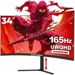 Raywego 34 Inch Curved Gaming Monitor 165Hz,3440x1440 21:9 UWQHD, 1ms(MPRT),1500R, PIP/PBP,HDR400, 99% sRGB,300nits, FreeSync, HDMI2.0(TMDS) x2,DP1.4 x2, Eye Care, VESA(100 * 100mm)