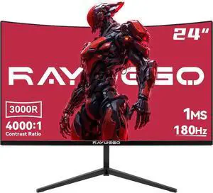 Raywego 24 Inch Curved Gaming Monitor 180Hz FHD 1080P, 3000R, 1ms MPRT, Frameless, FreeSync, Eye Care, DP&HDMI Ports, Wall Mountable(75x75mm), 250cd/m² , Brightness 99% sRGB, VA Panel, Black