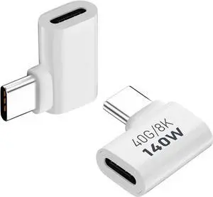 2 Pack USB C Male to Female Adapter 90 Degree Right Angle 140W Type C Extender Adapter for Thunderbolt 4/3 MacBook Pro/Air Laptop Phones and More Type C Devices (White)