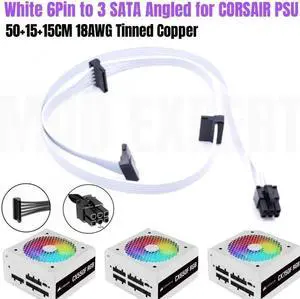 JAENFONG White 6Pin to 3 SATA Right Angled HDD SSD Power Cable for CORSAIR CX550F CX650F CX750F RGB Modular Power Supply 50+15+15CM 18AWG
