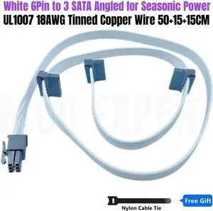 JAENFONG White 6Pin to 3 SATA Right Angle SSD HDD Modular Power Cable for Seasonic VERTEX GX-1200 GX-1000 WHITE Power Supply Unit 18AWG