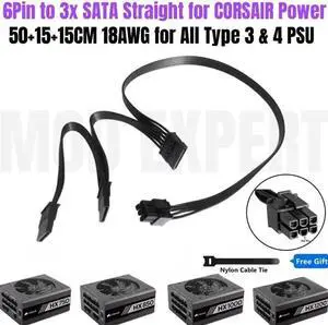 JAENFONG 6Pin to 3 SATA Straight SSD HDD Riser Card Power Cable for CORSAIR HX750 HX850 HX1000 HX1200 PLATINUM Modular Power Supply 18AWG