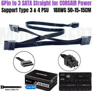 AX1600i 6Pin to 3x SATA Riser Card Hard Drive SSD HDD Power Cable 50+15+15CM 18AWG for CORSAIR Type 3 & 4 Modular Power Supply