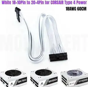 JAENFONG White 18+10Pin to 20+4Pin 24Pin ATX Main Power Cable for CORSAIR RM750x 750W RM850x 850W RM1000i 1000W Modular PSU 60CM 18AWG