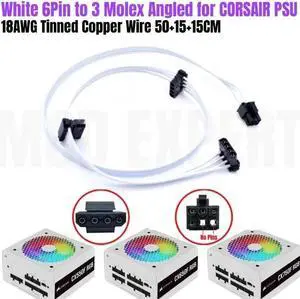 JAENFONG NEW White 6Pin to 3 Molex IDE 4Pin Angled Case Fan Power Cable for CORSAIR CX550F CX650F CX750F RGB Modular PSU 50+15+15CM 18AWG