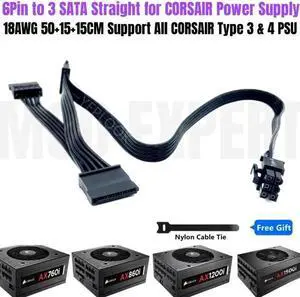 JAENFONG 6Pin to 3 Port SATA Power Cable Straight 18AWG for CORSAIR AX760i AX860i AX1200i AX1500i Modular PSU Support SSD HDD Riser Cards JAENFONG 6Pin to 3 Port SATA Power Cable Straight 18AWG for CORSAIR AX760i AX860i AX1200i AX1500i Modular PSU Support SSD HDD Riser Cards