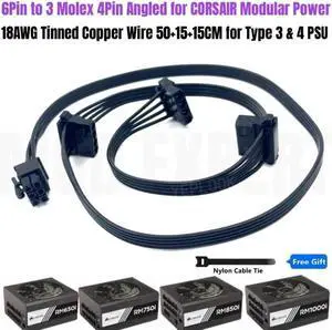 JAENFONG 6Pin to 3 Molex 4Pin Angled IDE PATA Perif Fan Power Cable for CORSAIR RM550i, RM650i, RM750i, RM850i, RM1000i TYPE4 Modular PSU