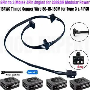 JAENFONG 6Pin to 3 Molex 4Pin IDE PATA Perif Cooler Fan Power Cable Angled for CORSAIR HX750 HX850 HX1000 HX1200 TYPE 4 Modular PSU 18AWG