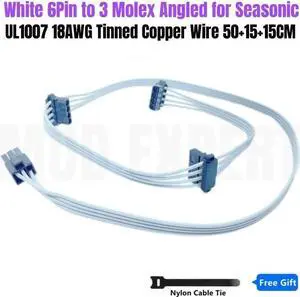 JAENFONG White 6Pin to 3 Molex IDE 4Pin Angled PC Case Fan Modular Power Cable for Seasonic FOCUS GX 1000W 850W 750W ATX3.0 WHITE PSU