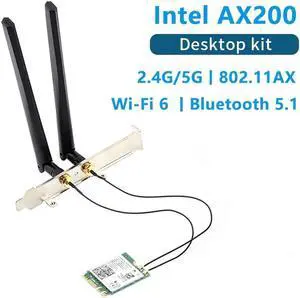 JAENFONG Dual band 3000Mbps Intel AX200 Wi-Fi 6 M.2 Desktop Kit 2.4G/5G Bluetooth 5.0 802.11ax/ac AX200NGW Wireless Card Adapter Antenna