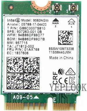 JAENFONG Wireless-AC 9560 9560NGW 9560AC 1730Mbps Wi-Fi+BT 5.0 Dual Band 2.4G/5Ghz 802.11ac 2x2 NGFF key E M.2: CNVio Wireless Network Card