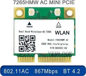 JAENFONG 1200Mbps Wireless MC-AC7265 Intel 7265HMW Half Mini PCI-E Wifi Card 802.11ac 2x2 WiFi + BT4.2 Dual Band 2.4G/5GHz Network Adapter