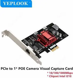 JAENFONG PCIe 1x to Single POE Port Camera Visual Capture Card 10/100/1000Mbps Gigabit Network Card Ethernet Converter Chipset Intel I210