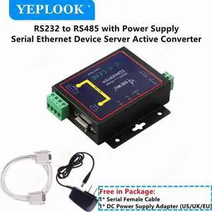 JAENFONG RS232 to RS485 Serial Network Ethernet Device Server Active Converter DB9 Female with Power Supply Cable for Industrial Use