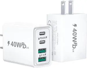 USB C Charger Block 40W 2Pack 4-Port Type C Charger Fast Charging Block Dual USB-C Power Adapter & Double USB Wall Plug Multiport Cube USBC Brick for iPhone 16 15 14 13 12 11 Pro Max