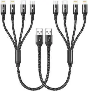 Short Multi Charging Cable [2Pack/35CM] Multi USB Cable 4 in 1 Multi Charger Fast Charger Cord Braided Universal USB Charger Cable with IP/Type C/Micro USB Port for Cell Phones Tablets & More