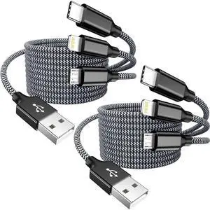 Multi Charging Cable 4ft 2Pack USB Charger 3 in 1 Multi iPhone Charger Cable Nylon Braided MFi Certified USB Fast Charging Cord with Type-C/USB C Micro Lightning for Phone iPad iPhone Tablet