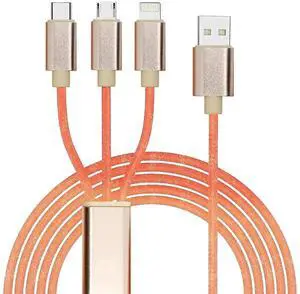 6ft Pink Ombre 3 in 1 Charger 2A 5V 10W USB A to 8pin MicroUSB and USB C Charger Cable Multi Charging Cable Phone Chargers for Android Charging Cables for iPhone Android Phone Chargers