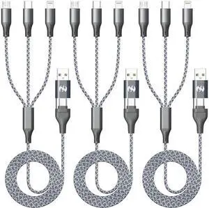 Multi Charging Cable (4ft 3Pack) 3 in 1 Charging Cable Nylon Braided Cord USB A/C Port Multiple iPhone Charger Cable with Type C Micro Lightning USB for iPhone Android Phone