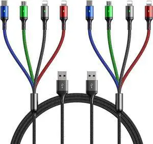 Multi Charging Cable 4A [5Ft/ 2Pack] 4 in 1 Charger Cable Braided Multiple USB Cable Universal Phone Charging Cord with Type C Micro USB IP Port for iPhone16/15/14/13 Series/Cell Phones and More