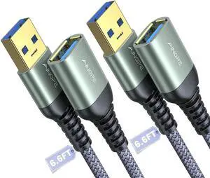 2 Pack USB Extensions Cable High Speed USB 3.0 Extension Cord Type A Male to Female Sturdy Braided Material Fast Data Transfer Compatible with USB Keyboard Mouse Flash Drive Grey 6.6FT+6.6FT