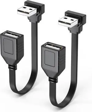 JAENFONG 2 Pack 90 Degree USB2.0 Extension Cable Flat Short 4inch 10CM Downangle Right Angle USB A Male to Female Cable Dual USB Charging Port Black