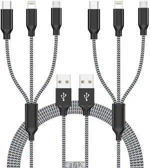 Multi Charging Cable 4ft 2Pack 3in1 Charger Cord Multiple iPhone Charger Lightning Wire Nylon Braided MFi Certified Universal for USB Type c Micro Phone
