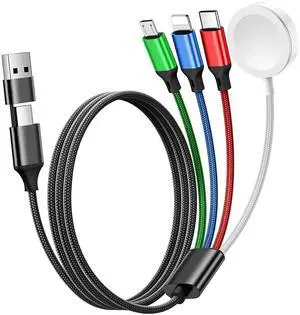 for Watch Charger 4 in 2 Multi Charging Cable Type C/Lightning/Micro USB Nylon Braided Travel Vacation Essentials Compatible with iWatch Ultra/SE/10-1 for iPhone 16-11 Galaxy Phones(5FT)