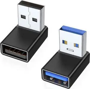 JAENFONG 90 Degree USB 3.0 Adapter 2 Pack Up and Down Angle USB A Male to Female Converter Extender for PC Laptop USB A Charger Power Bank and More (Black)