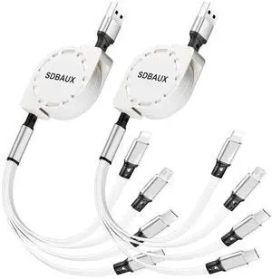 Multi Charging Cable USB to 4 in 1 Retractable Lightning/Dual Type-C/Micro Port Fast Charger Cord for iPhone 16 15 14 13 12 Pro Max Galaxy S24/S23 Cell Phones Tablets Universal Use-2Pack-3.3ft