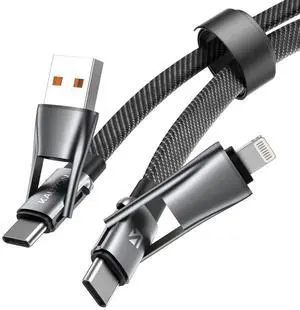 4 in 1 Multi Charging Cable PD 60W Fast Charging USB C Multiple Charger Cord Flat Braided with Hook & Loop Fastener Type C Charging Cords for Multiple Devices MacBook/iPhone/-6.6ft