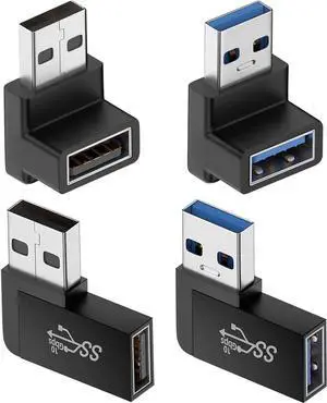 JAENFONG 90 Degree USB 3.0 Adapter (4 Pack) Vertical Up and Down Angle Horizontal Left and Right Angle USB Male to Female Extender Connector