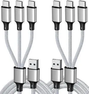 Multi Charging Cable USB C Splitter Cable 3 in 1 Fast Charging Cord with 3 Type-C Male Port Compatible with Cell Phones Tablets and More - 2Pack 4FT Silver