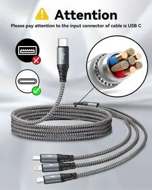 USB C 3 in 1 Charging Cable [2 Pack 6FT] Multi Charging Cable for Multiple Devices Braided Multi Charger Cable Universal Charger Cord with Type-C Micro USB IP Port for iPhone16/15/14/Android and More