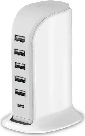 Charging Station for Multiple Devices 40W Wall Charger Block 5 USB Ports(Shared 6A) USB Charging Hub Smart IC Charger Tower with Type-C 3A for iPhone iPad Tablets Smartphones Home Office Use