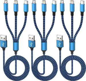 Multi Charging Cable(3Pack 4FT) 3 in 1 Charging Cable for Multiple Devices USB-A Multi Charger Cord with Type-C Micro USB and IP Port for iPhone 16/15/14/13/iPad/Android/Tablets and More