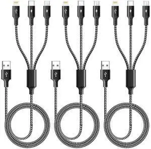 3 in 1 Multiple Charging Cable(2Pack 4Ft) Braided Multi Charger Cord Fast Charging Cable Universal USB Cable with Type C/Micro USB Port for Cell Phones iPhone 16 15 14 13 Series (3 Black 4Ft)