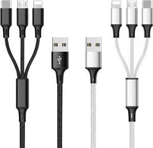 Multi USB Charging Cable 3A 3 in 1 Fast Charger Cord Connector with Dual Phone/Type C/Micro USB Port Adapter Compatible with Tablets Phone 12 11 Pro 8 7 6 Galaxy (4FT/2Pack Charging Only)