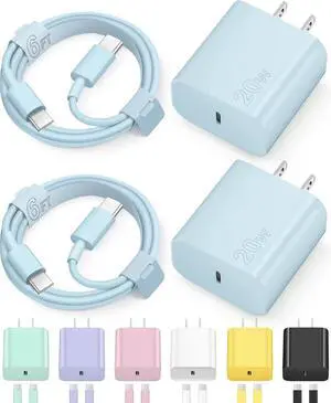 iPhone 16 15 Charger Fast Charging Type C Chargers USB C Charger Block iPhone 16 Chargers with 2 Pack 6FT Cable for iPhone 16/16 Plus/16 Pro Max/15/15 Pro Max/iPad Pro/AirPods(Blue)