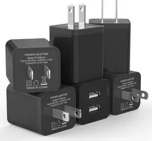 6Pack USB Wall Charger 2.4A Phone Charger Dual USB Port Cube Power Plug Adapter Fast Wall Chargers Block Compatible with iPhone 16/16 Pro/15/15 Pro Galaxy Pixel LG Android-Black