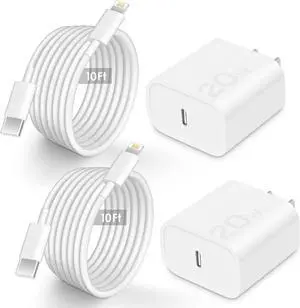 2 Pack for iPhone Charger 10 ft Fast Charging 10 FT 20W PD iPhone 14 13 Fast Charger Block with 10 Foot Lightning Cable Compatible with iP14 Plus/14/13/12/11 Pro Max/XS/Max