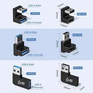 JAENFONG 6 Pack 180 Degree & 90 Degree USB 3.1 Adapter Left and Right Angle USB A Male to Female Extender Connector for PC Laptop USB A Car Charger Surface Pro 7+ Raspberry Pi and More